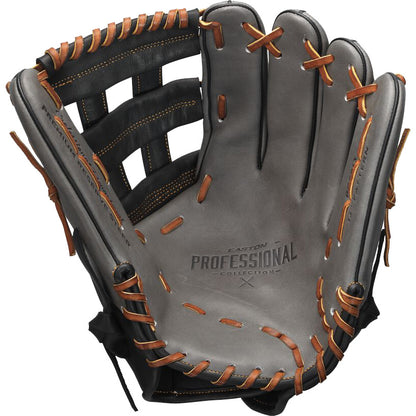 The Easton Professional Collection 13" Slowpitch Glove (PCSP13) is an open gray and brown glove made from premium steerhide leather, featuring visible laces and "Easton Professional Collection" stamped on the palm.