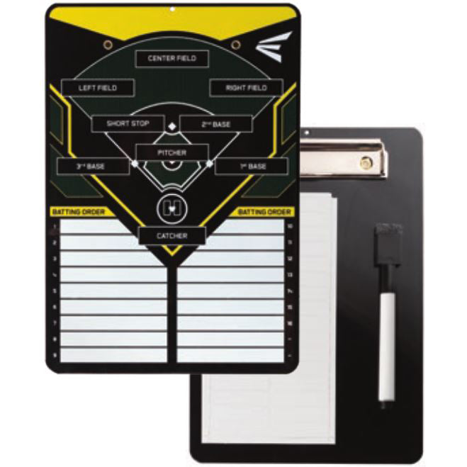 The Easton Coaches Dry Erase & Magnetic Lineup Board (A153046) features a field diagram, batting order slots, team organization sections, a marker, and a notepad with a metal clip—perfect for baseball or softball coaches.