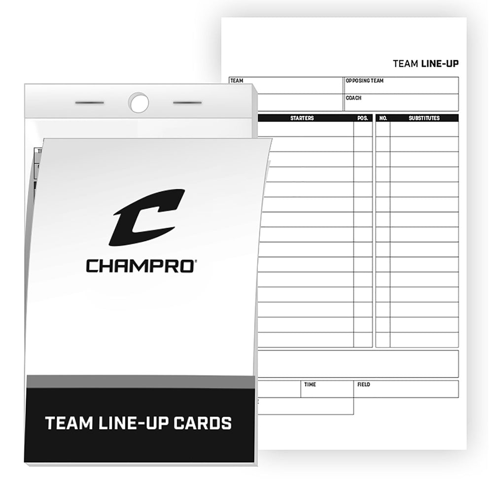Champro Sports Line Up Cards (25 Pack, AF61) feature four-part forms to quickly record lineups, player positions, subs, team info, date, time, and field details—ideal for coaches to manage games efficiently.