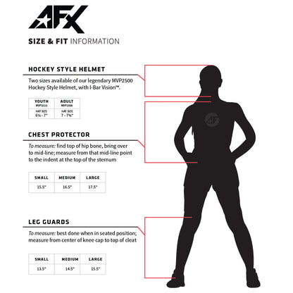 The All Star AFx Fastpitch Catcher's Chest Protector (CPW-AFX) size guide features a silhouette with measurement instructions and red lines highlighting key points for accurate fit when choosing All Star’s contoured softball gear.