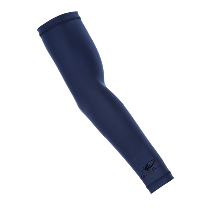The Lizard Skins Performance Arm Sleeve ARMS5000 in navy, featuring the Lizard Skins logo near the wrist, is a youth compression sleeve for comfort and support, shown on a plain white background.
