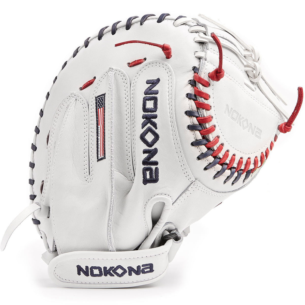 The Nokona American KIP 32.5" Fastpitch Catcher's Mitt (A-V3250-WH) is a handcrafted white glove with red and blue stitching, an American flag patch, and NOKONA embroidered in blue—premium quality from Nokona.