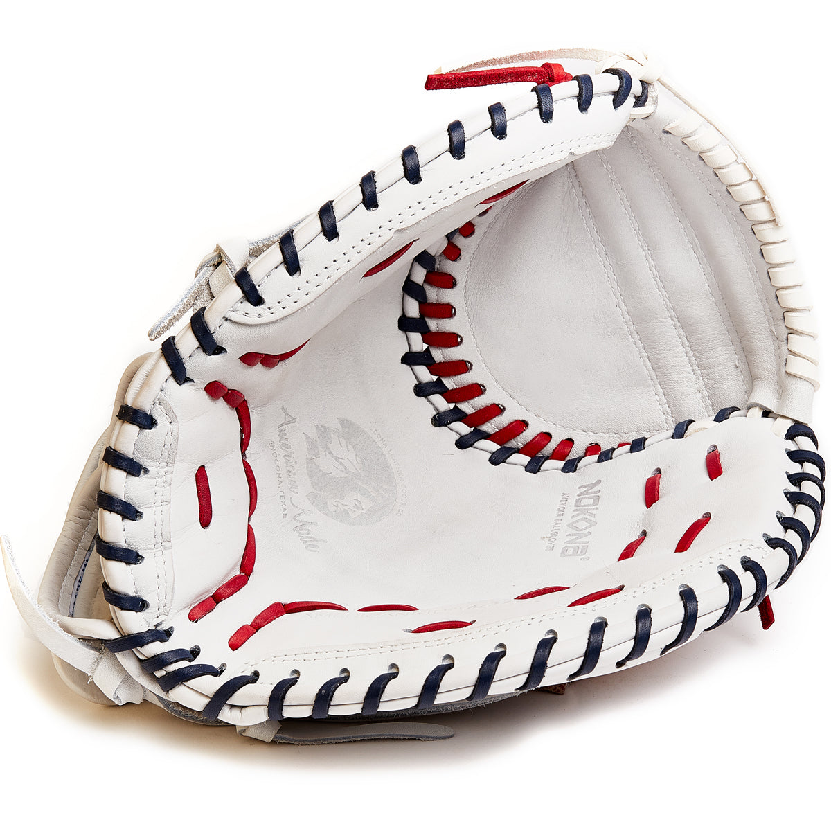 A close-up of the Nokona American KIP 32.5" Fastpitch Catcher's Mitt (A-V3250-WH) in white, featuring red and dark blue lacing, open to show the inner pocket and meticulous stitching by Nokona.