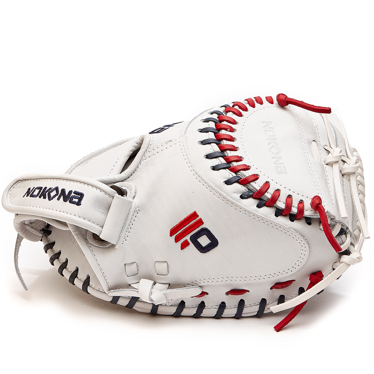 The Nokona American KIP 32.5" Fastpitch Catcher's Mitt (A-V3250-WH) is a white glove with red, navy blue, and black stitching, featuring the Nokona brand name and logo on the wrist strap and palm.