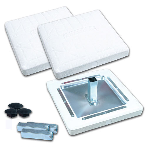 The Champro Sports Molded Pro Style Bases: B001X set features two white, heavy-duty square bases with quilted surfaces, visible anchor and support tube, four black rubber plugs, and two rectangular metal anchor posts for pro-level setup.
