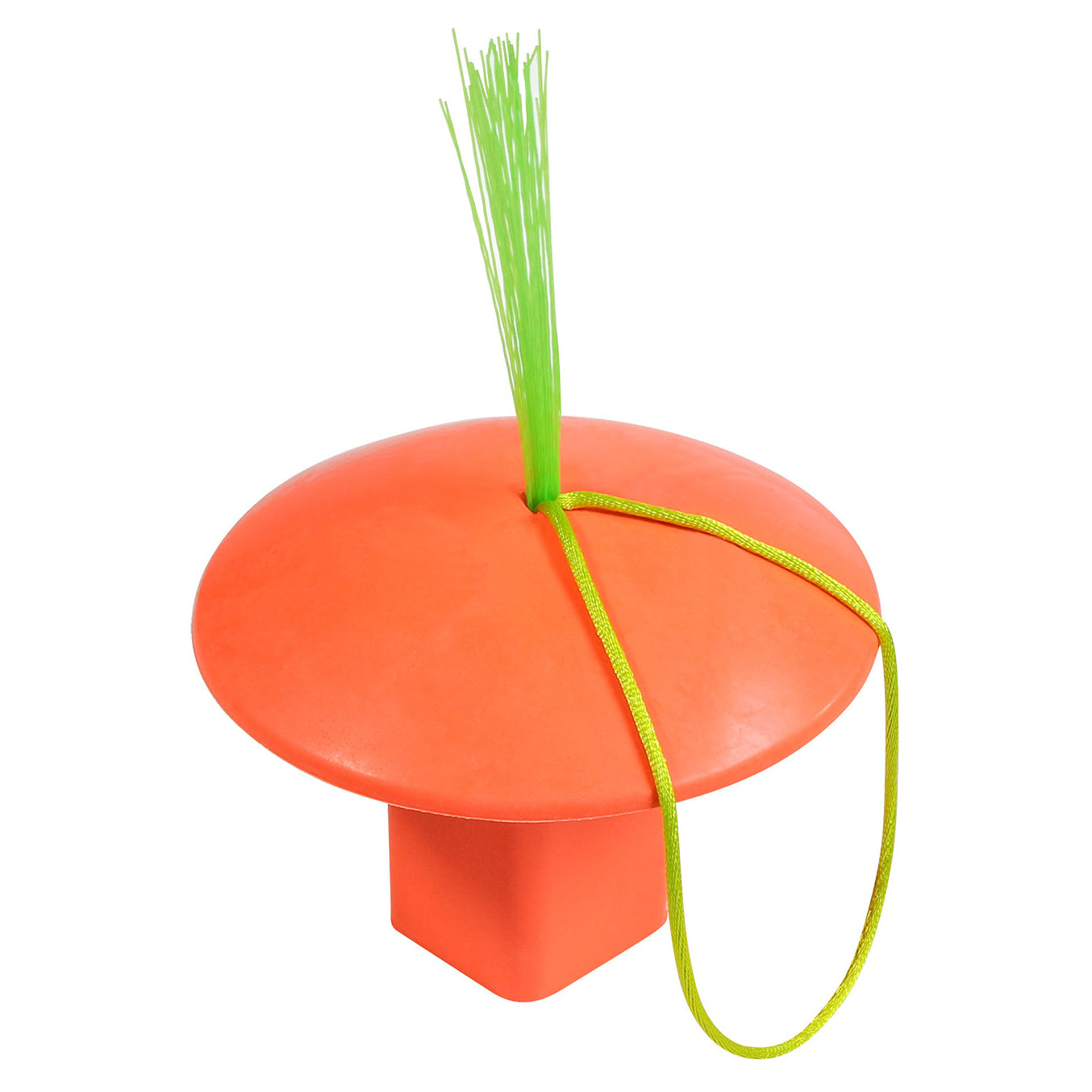 The Champro Sports Molded Rubber Base Plug with Bristles (B008S) is a durable orange rubber plug featuring green synthetic bristles on top and a yellow cord, blending functionality with playful style for your baseball field needs.