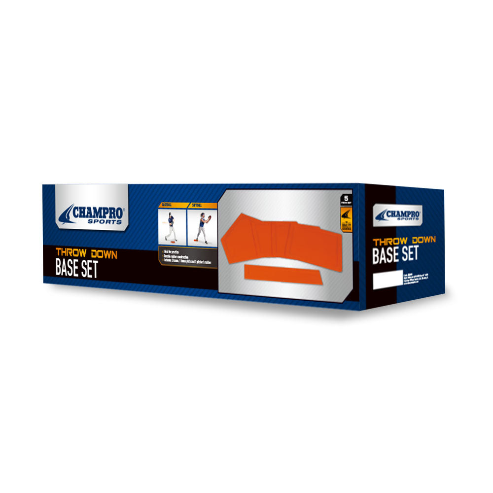 A Champro Sports Throw Down Rubber Bases (Set of 5): B023B box displays images of three bright orange bases, a home plate, and a pitcher's rubber, with side diagrams showing how to use each piece.