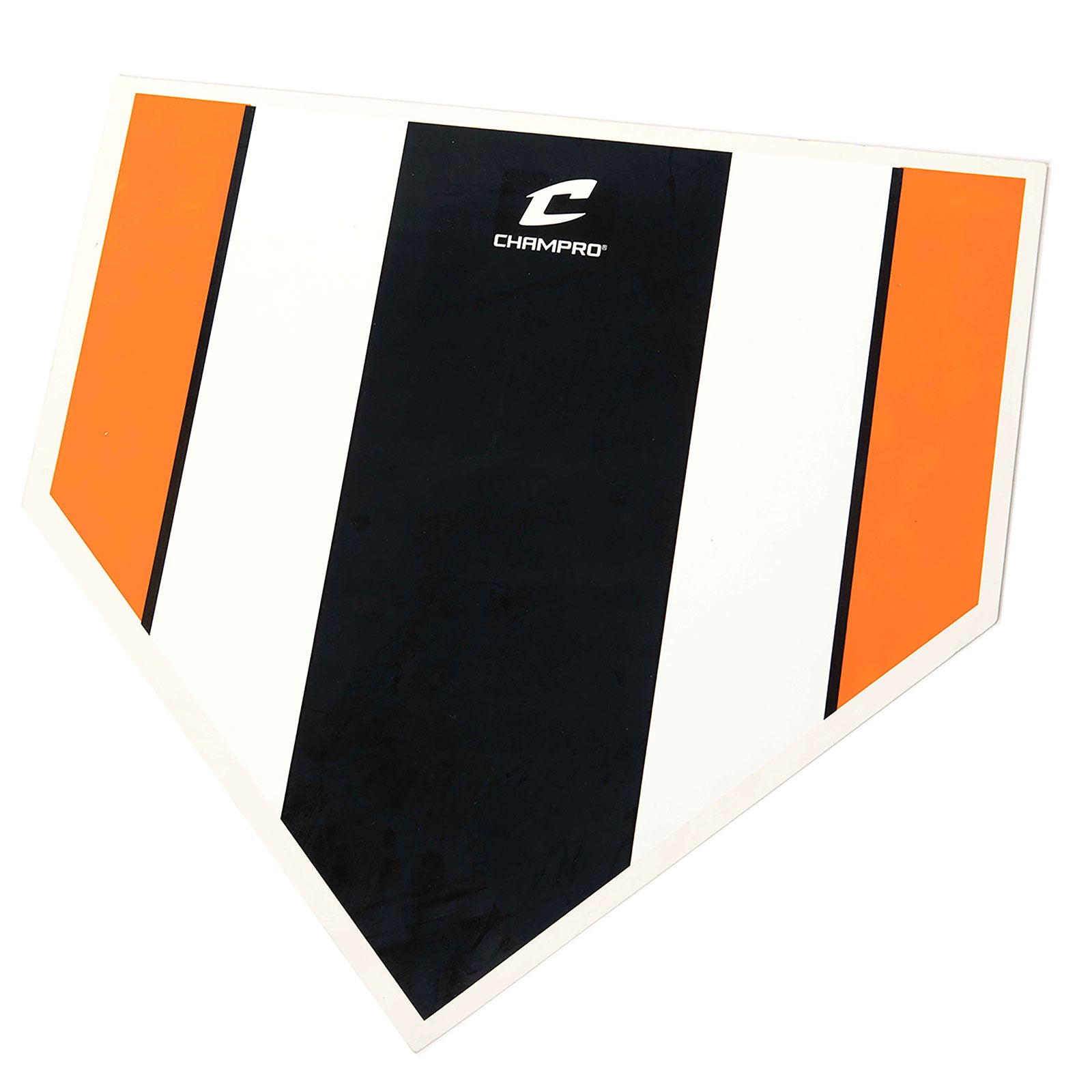 The Champro Sports Zone Training Home Plate: B024 features orange, black, and white stripes with the Champro logo at the top center. Made from all-weather rubber, it's ideal for strike zone training.