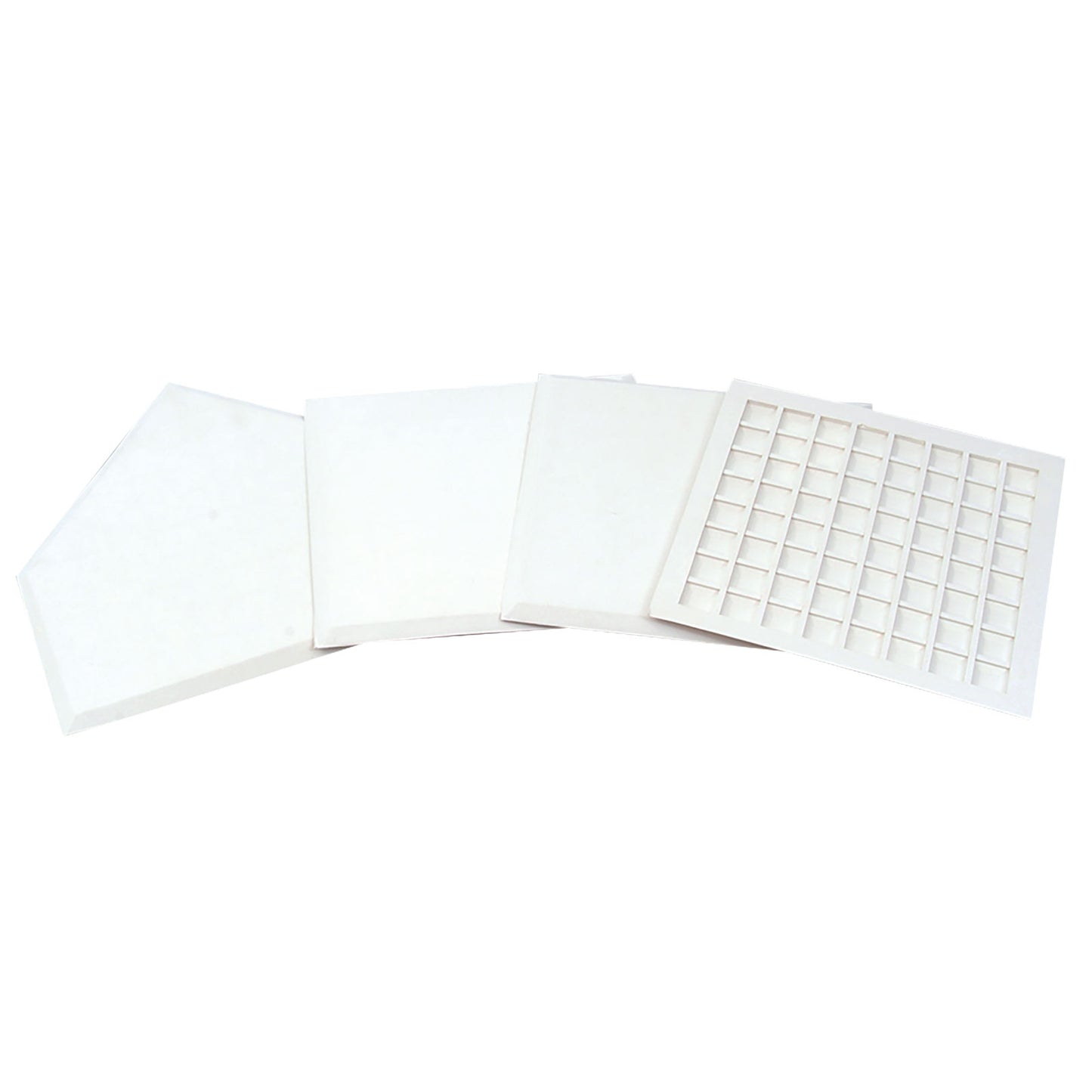 Four Champro Sports Waffle Bottom Bases (Set of 4: B026B) are arranged in a row; one features a grid pattern like a home plate, and the others have smooth, flat surfaces for versatile indoor or outdoor use.