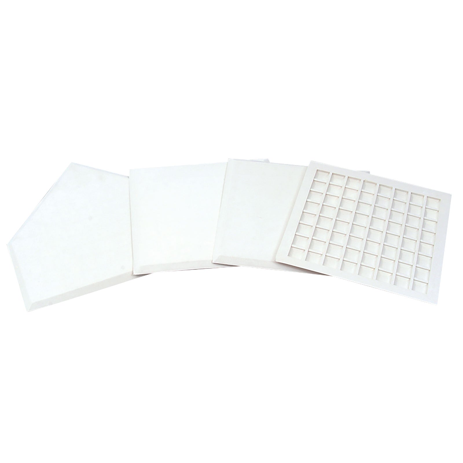 Four Champro Sports Waffle Bottom Bases (Set of 4: B026B) are arranged in a row; one features a grid pattern like a home plate, and the others have smooth, flat surfaces for versatile indoor or outdoor use.