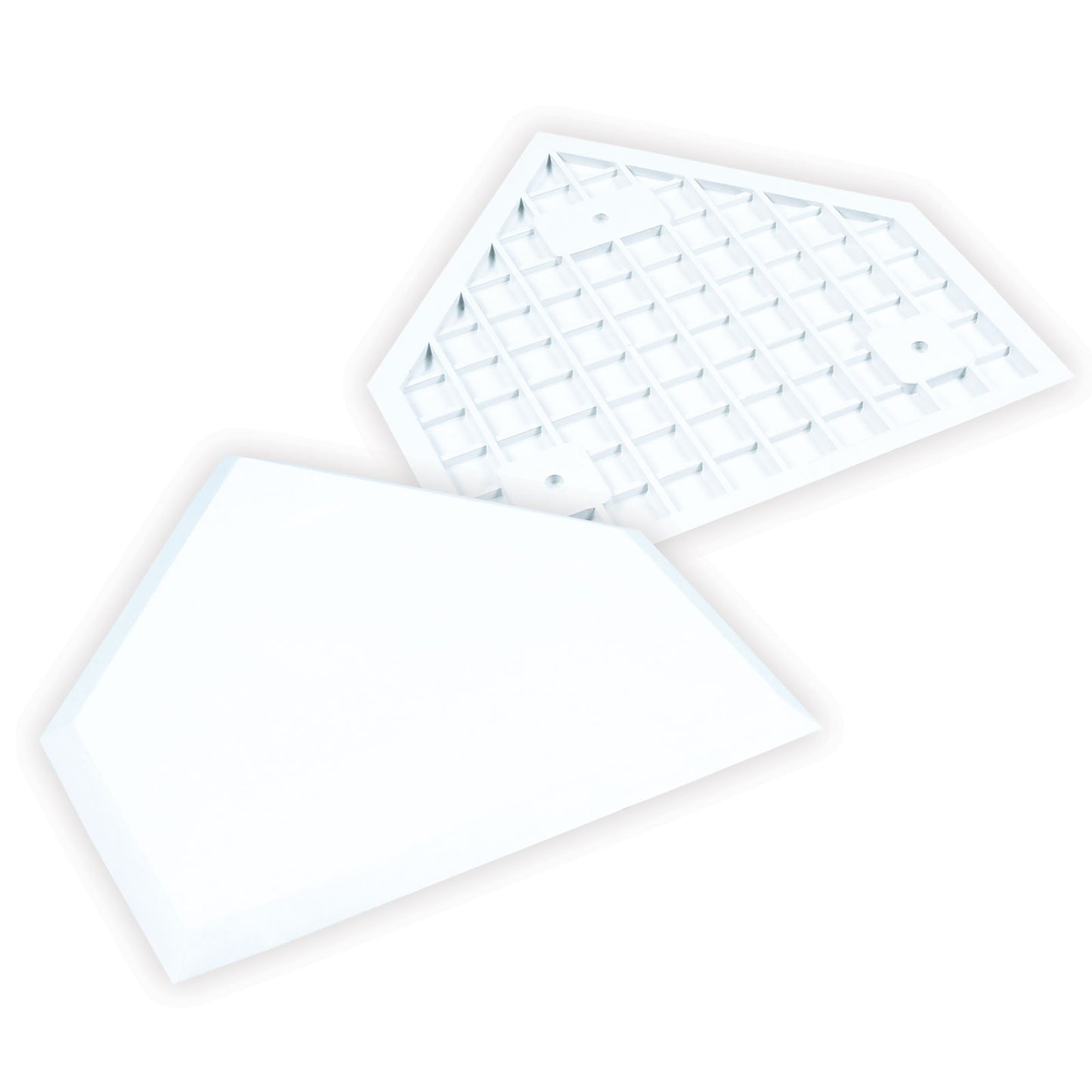 Two Champro Sports Waffle Bottom Home Plates (model B033) are shown. One displays its smooth, beveled top, while the other reveals the waffle-patterned bottom. Both are isolated on a white background.