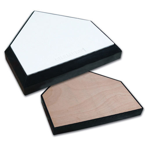 The Champro Sports In Ground Home Plate with Wood Bottom (B035) features a white UV-resistant rubber surface, an unfinished wood base, and a durable black beveled edge for added style and longevity.