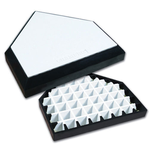 The Champro Sports Champro In Ground Home Plate with Waffle Bottom: B035W is a black and white, pentagon-shaped, all-rubber base featuring UV resistance and a waffle bottom for secure installation.
