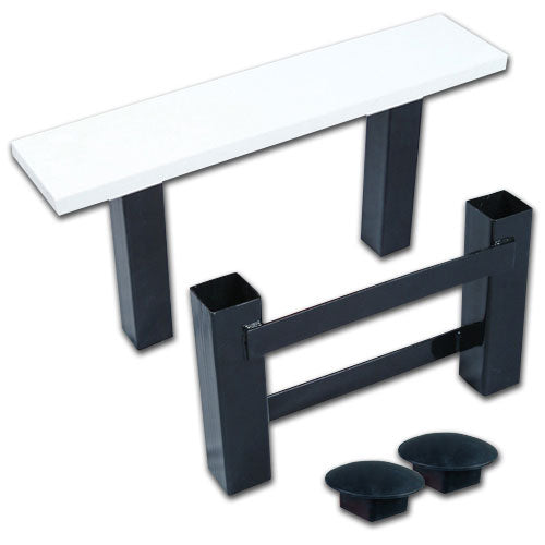 The Champro Dual Stanchion Pitcher's Rubber System (B042) by Champro Sports features a white rectangular bench seat, two black metal legs, a separate support frame, and UV-resistant rubber end caps for quick removal. Shown on a white background.