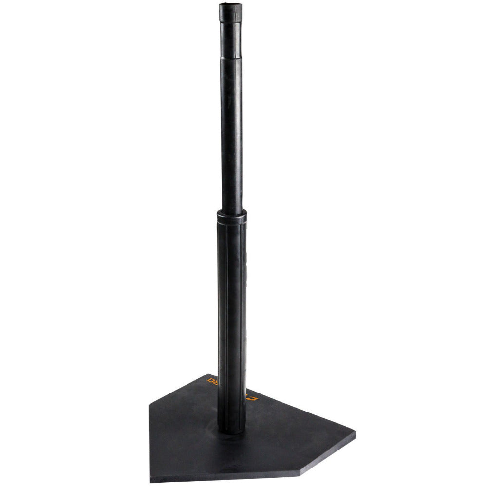 The Champro Sports Heavy Duty Rubber Batting Tee (B050) features a black adjustable height design with telescoping rubber tubes and an official size plate, making it ideal for baseball or softball practice.