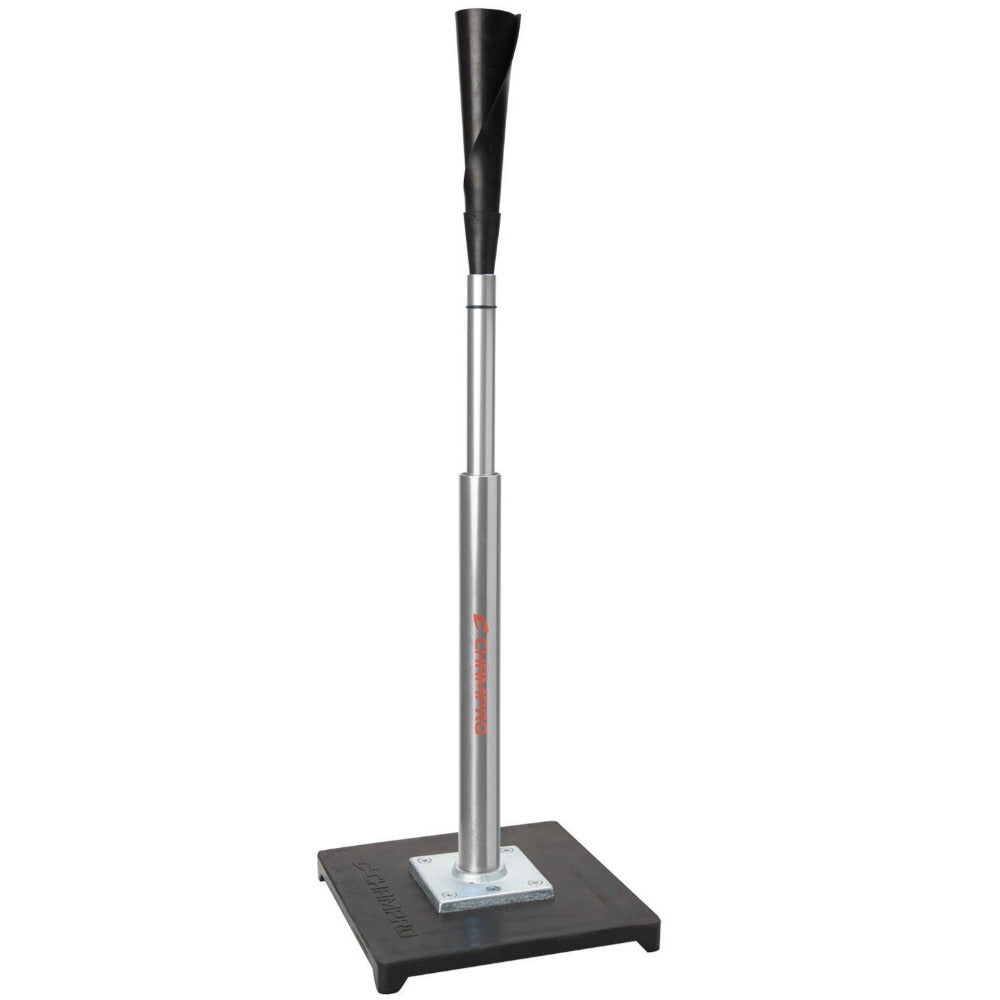 The Champro Sports Champro Brute 2 Batting Tee: B081 features a black rubber top, adjustable silver stem, and rectangular black base. This portable tee is ideal for baseball hitting practice.