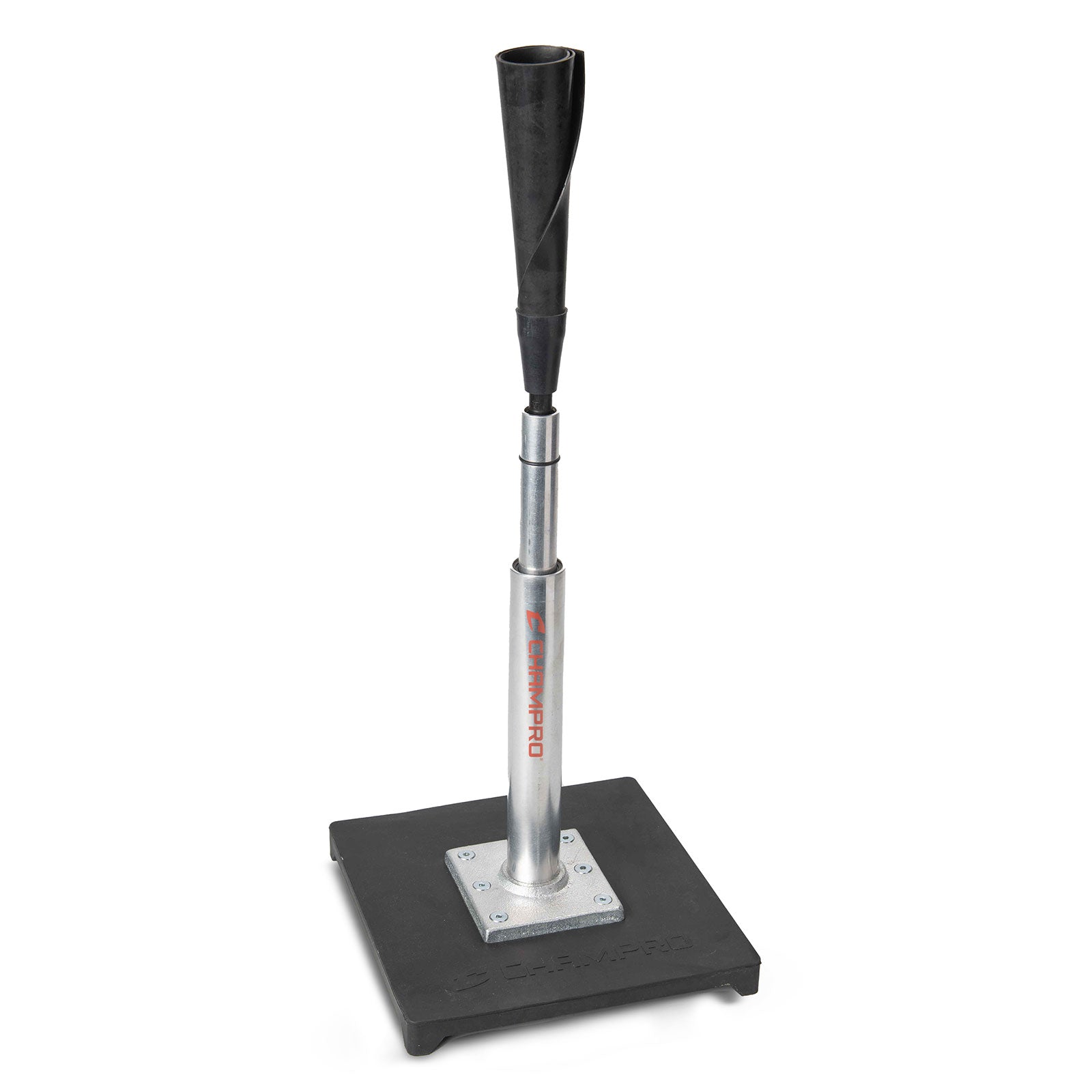 The Champro Little Brute Batting Tee: B082 by Champro Sports features a black and silver adjustable metal stem, black rubber top, and square base—ideal for t-ball or baseball hitting practice.