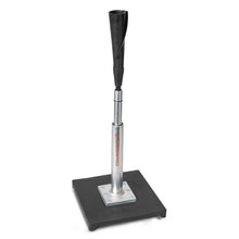 The Champro Little Brute Batting Tee: B082 by Champro Sports features a black and silver adjustable metal stem, black rubber top, and square base—ideal for t-ball or baseball hitting practice.