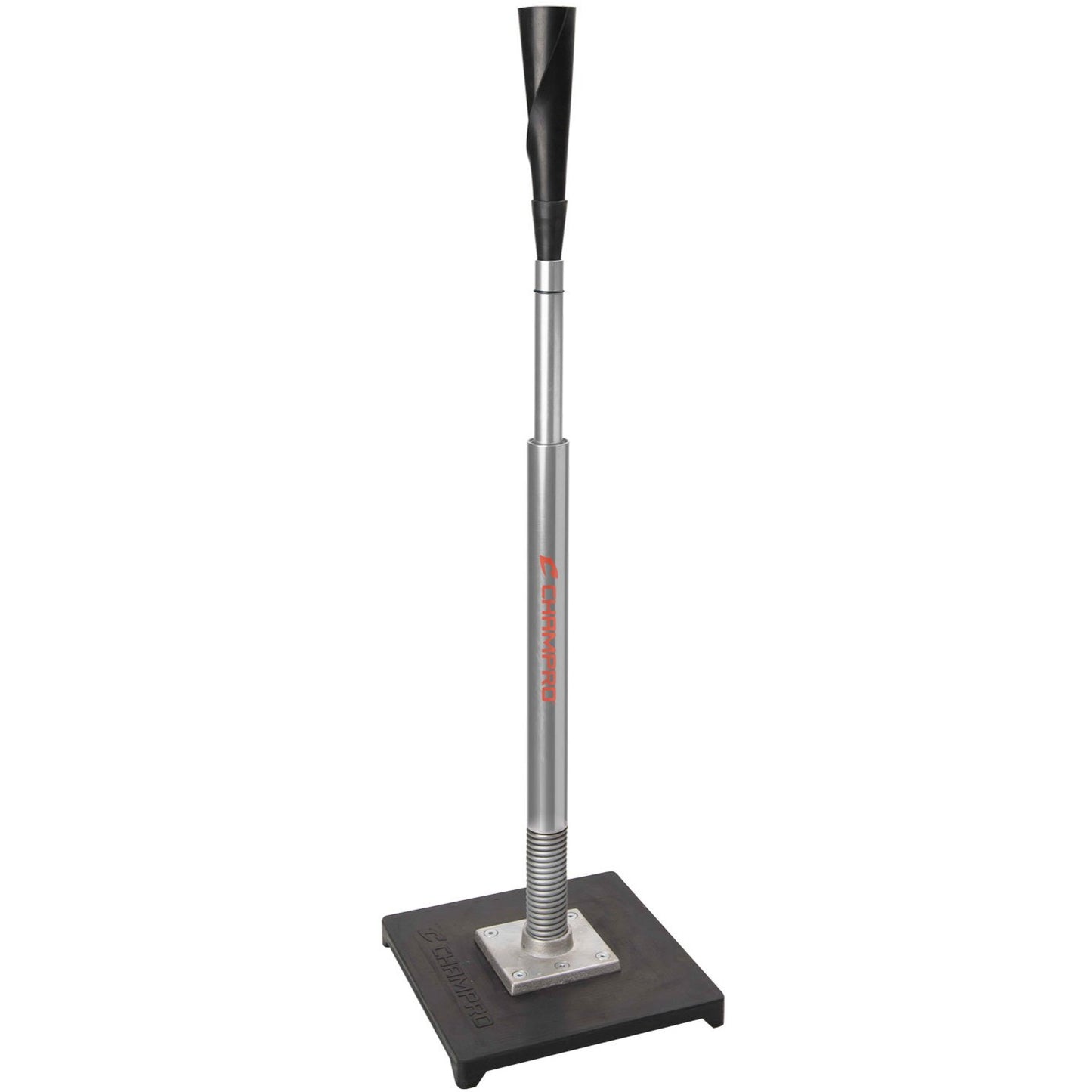 The Champro Sports Brute Spring Loaded Batting Tee: B083 features a black rubber top, adjustable silver stem, and sturdy black base for stable, convenient practice anywhere.