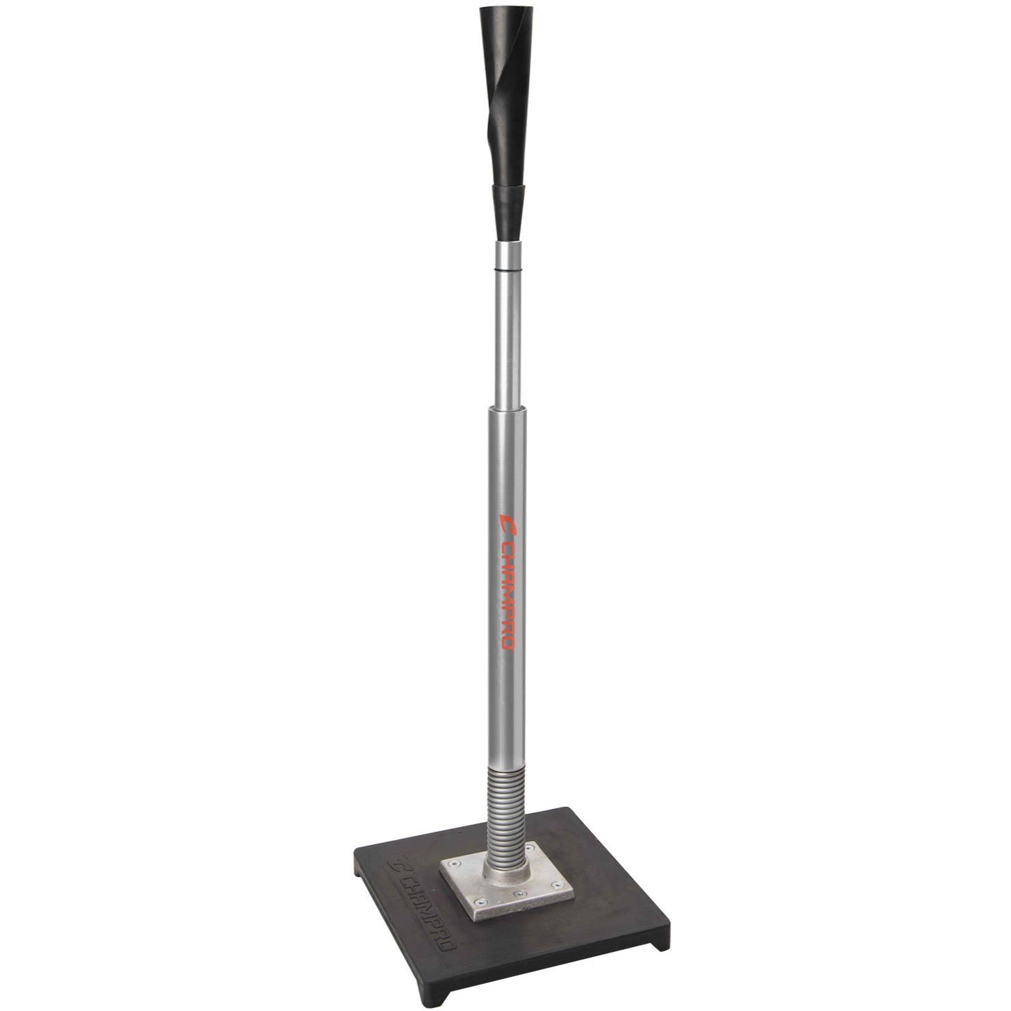 The Champro Sports Brute Spring Loaded Batting Tee: B083 features a black rubber top, adjustable silver stem, and sturdy black base for stable, convenient practice anywhere.