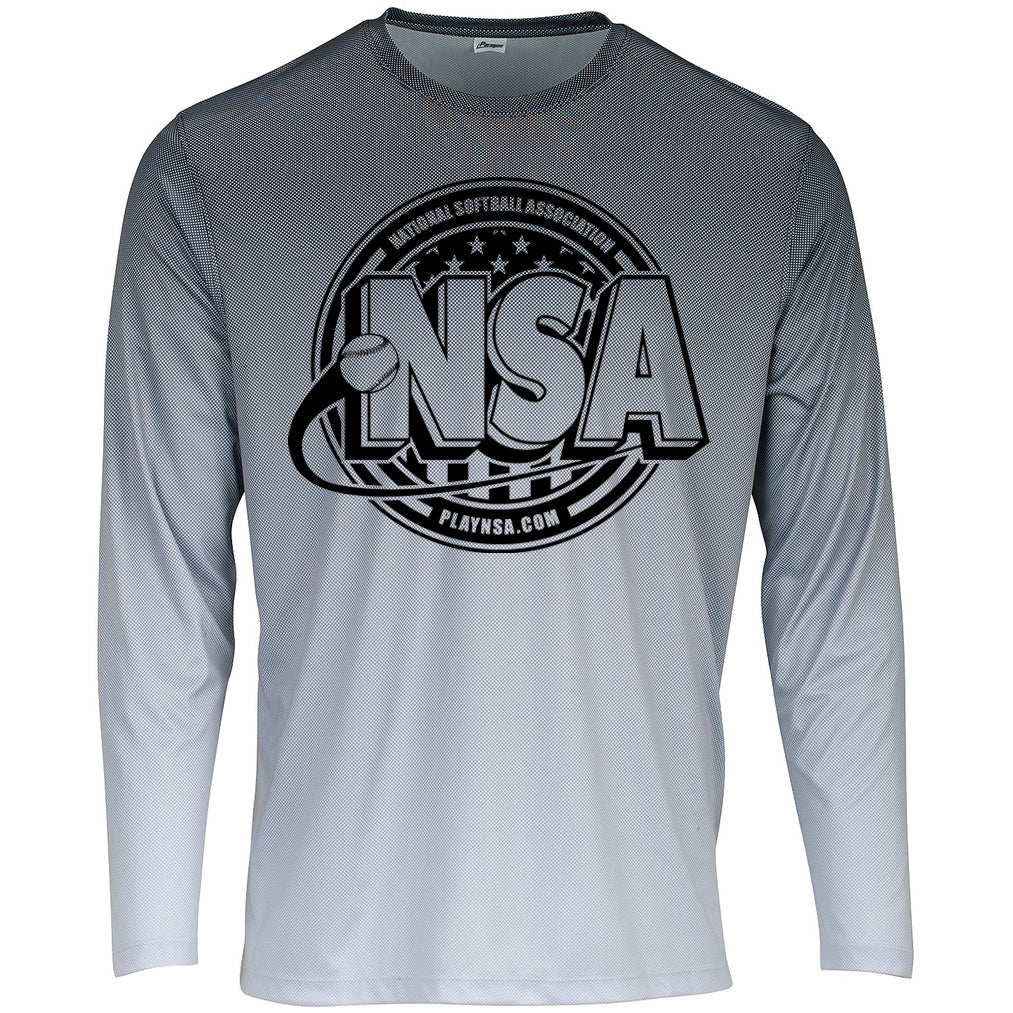 The DSG Apparel National Softball Association NSA Barbados Long Sleeve Shirt is gray, made from microfiber performance polyester, and features a large NSA logo with softball, stars, and playnsa.com on the chest.