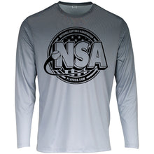 The DSG Apparel National Softball Association NSA Barbados Long Sleeve Shirt is gray, made from microfiber performance polyester, and features a large NSA logo with softball, stars, and playnsa.com on the chest.
