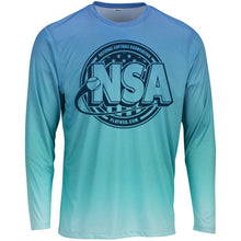 The DSG Apparel National Softball Association NSA Barbados Long Sleeve Shirt features blue and white microfiber performance polyester with UPF 50 protection—combining style and safety for NSA fans.
