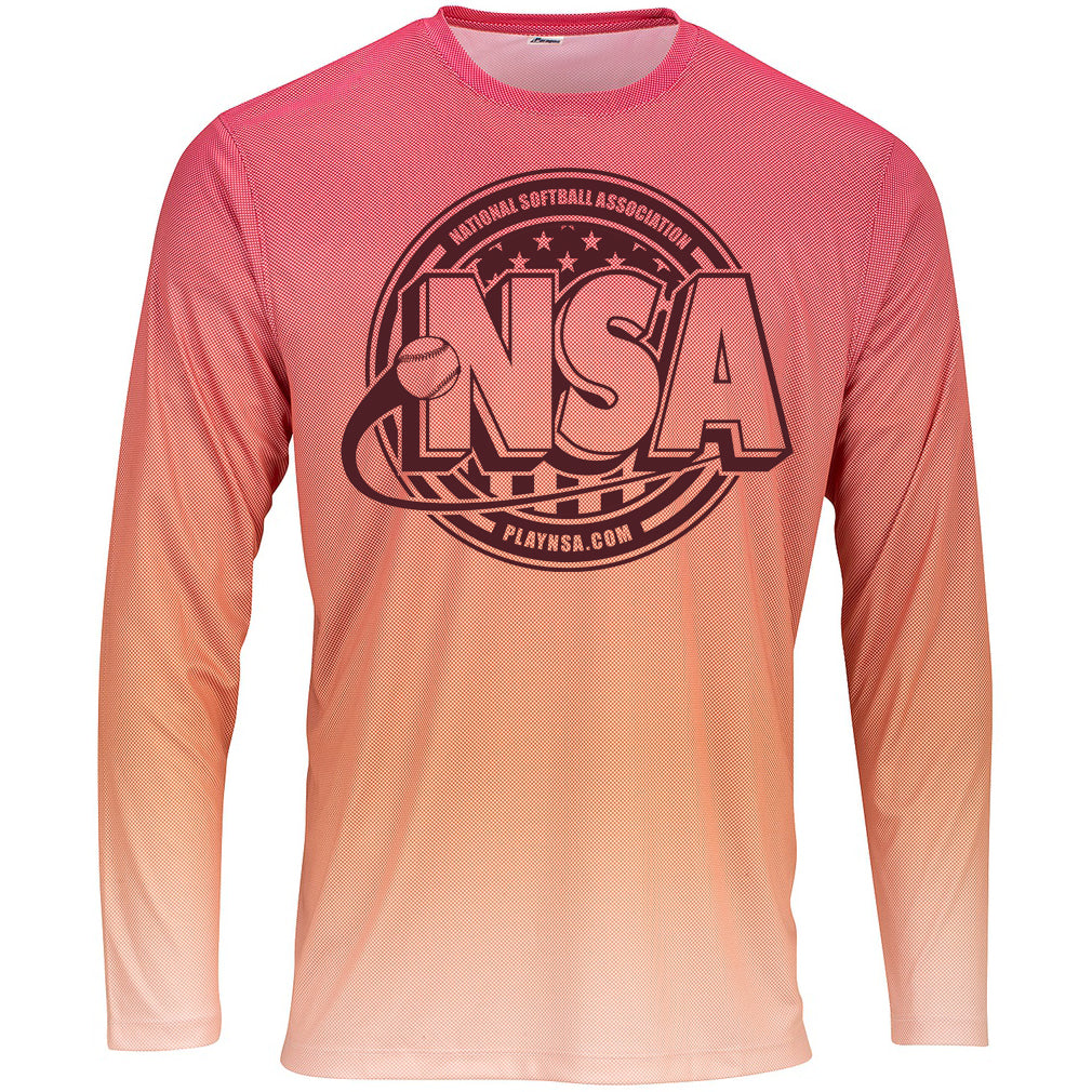 The DSG Apparel National Softball Association (NSA) Barbados Long Sleeve Shirt is made from microfiber performance polyester and features a front logo.