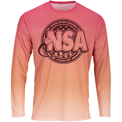 The DSG Apparel National Softball Association (NSA) Barbados Long Sleeve Shirt is made from microfiber performance polyester and features a front logo.