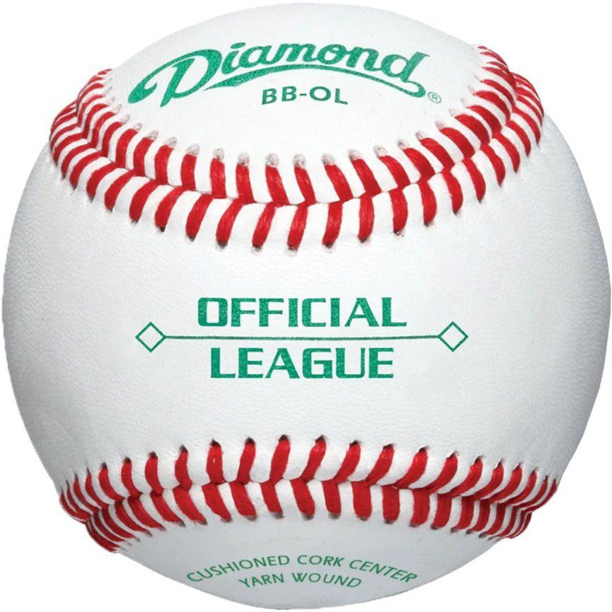 A close-up of the Diamond BB-OL Baseballs: BB-OL by Diamond shows red stitching and green “Diamond BB-OL, Official League” text, highlighting its cushioned cork center—perfect for baseball practice.