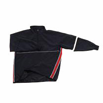 The Smitty Convertible Umpire Jacket (BBS323) by Smitty is a black zip-up with one convertible sleeve extended and the other folded, featuring a white stripe on the upper arm and sporty red, white, and green stripes down the sides.