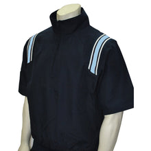 A mannequin is wearing the Smitty Short Sleeve Umpire Jacket (BBS-324) by Smitty, a black athletic half zip top with a front zipper and two light blue double stripes on each shoulder.