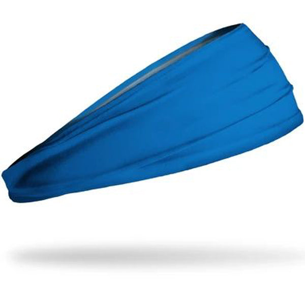 The Junk Blue Lagoon Headband by Junk is an athletic blue headband made from technical t-shirt fabric for sweat wicking, shown on a white background.