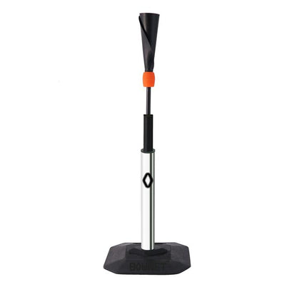 The Bownet ProMag Lite Batting Tee (BN-PROMAG LITE) by Bownet features a black rubber base, silver/black adjustable stem, orange ring, and black cone-shaped top—ideal for practice and inspired by the ProMag™ Tee Lite design.