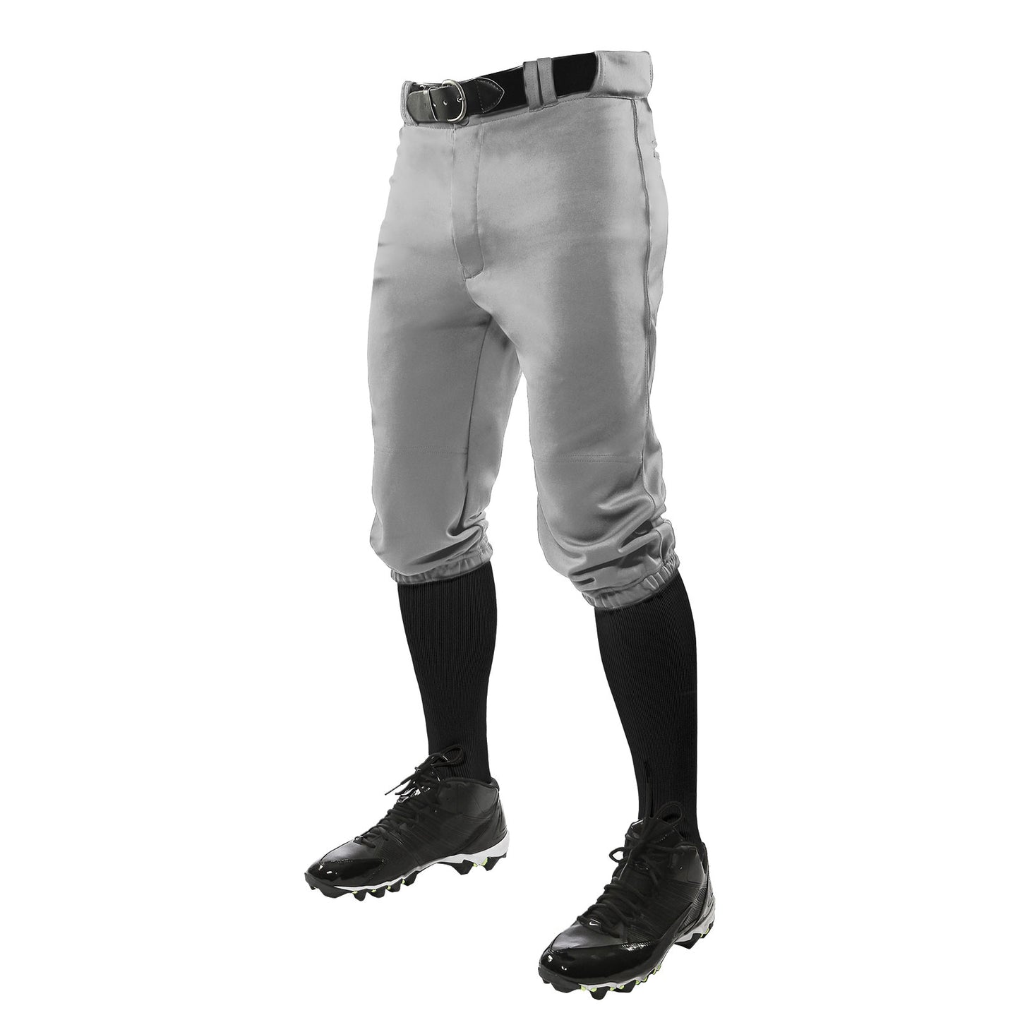 A pair of Champro Sports Adult Triple Crown Knicker Baseball Pants (BP10A) in gray, worn with a black belt, black knee-high socks, and black cleats. The image displays the lower half of a person from the waist down.