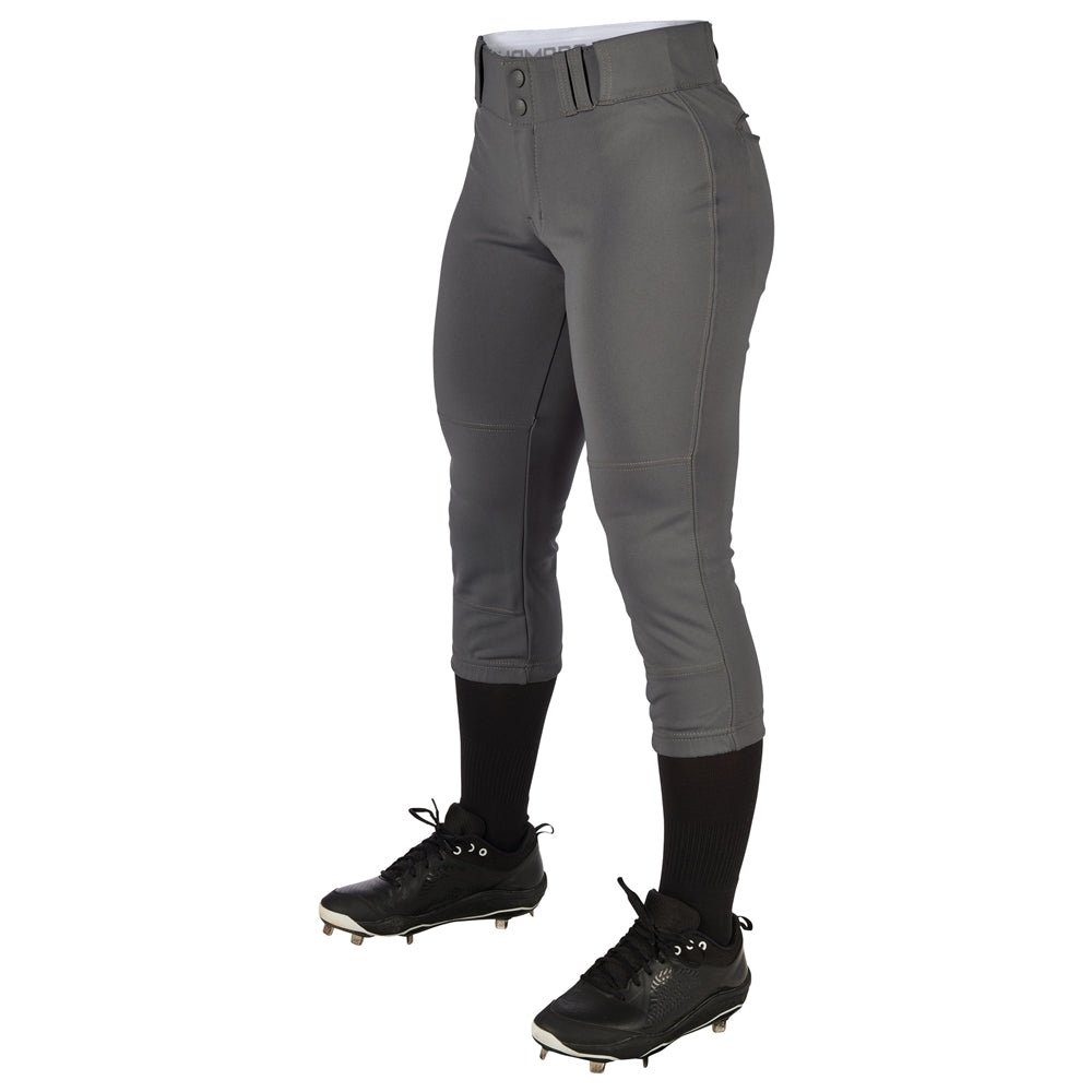 A person wearing Champro Sports Women's Low Rise Tournament Fastpitch Softball Pants (BP11W) in gray, with black knee-high socks and black cleats, stands against a white background. The upper body is not visible.