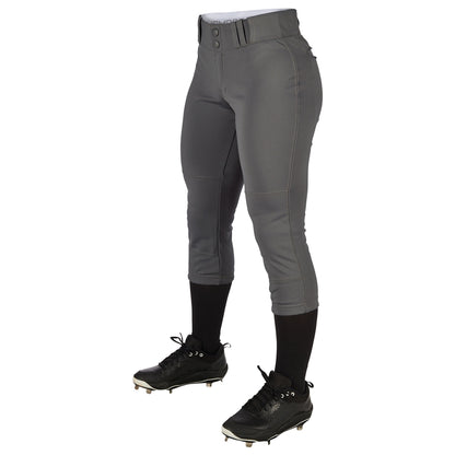 A person wearing Champro Sports Women's Low Rise Tournament Fastpitch Softball Pants (BP11W) in gray, with black knee-high socks and black cleats, stands against a white background. The upper body is not visible.