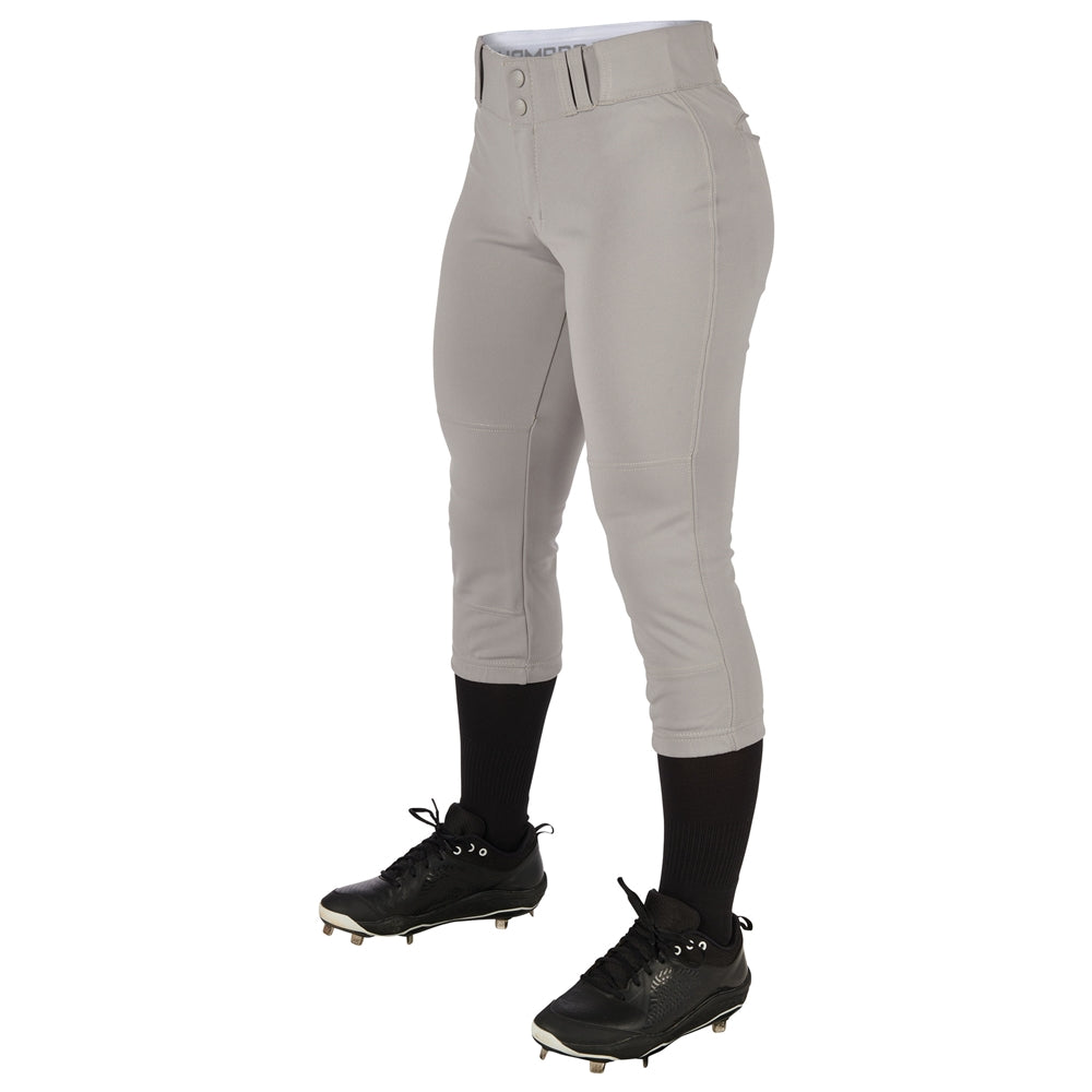 A person wearing Champro Sports Women's Low Rise Tournament Fastpitch Softball Pants (BP11W) in light gray, paired with black knee-high socks and black cleats, standing against a white background. Image cropped at waist and above ankles.