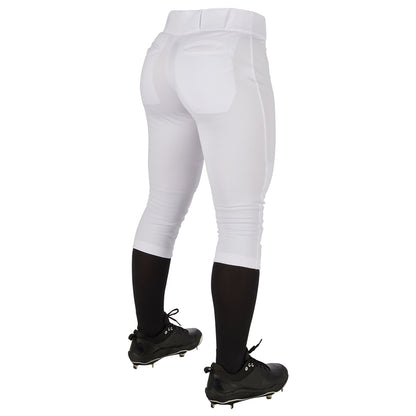 A person wearing Champro Sports Women's Low Rise Tournament Fastpitch Softball Pants (BP11W), paired with black knee-high socks and black cleats, shown from the back against a white background.