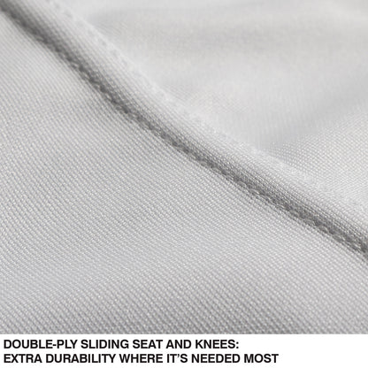 Close-up of Champro Sports Girl's Low Rise Tournament Fastpitch Softball Pants (BP11G) in light gray, showing double-ply sliding seat and knees for extra durability, plus four-way stretch fabric for comfort where it’s needed most.