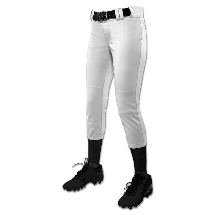 The Champro Sports Girl's Low Rise Tournament Fastpitch Softball Pants (BP11G), white traditional style with pro-style tunnel belt loops, shown with a black belt, black socks, and black cleats on a plain white background.