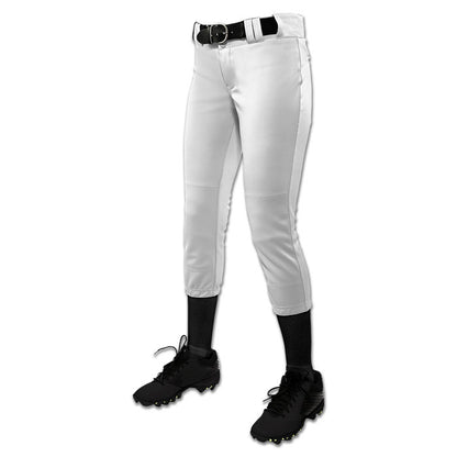 The Champro Sports Girl's Low Rise Tournament Fastpitch Softball Pants (BP11G), white traditional style with pro-style tunnel belt loops, shown with a black belt, black socks, and black cleats on a plain white background.