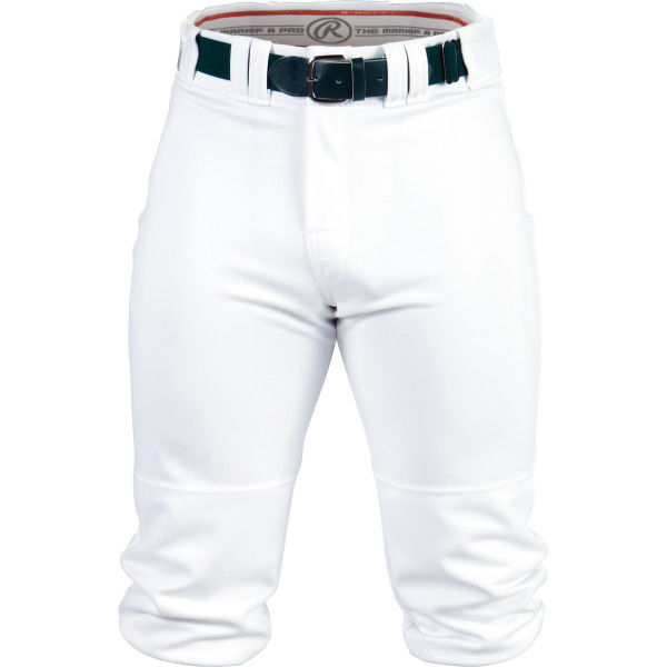 Rawlings Adult Premium Knee High Baseball Pants (BP150K) feature 100% polyester circular knit for athletic durability and include a black belt. Waist-to-below-knee design, slightly wrinkled look, by Rawlings.