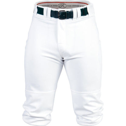 Rawlings Adult Premium Knee High Baseball Pants (BP150K) feature 100% polyester circular knit for athletic durability and include a black belt. Waist-to-below-knee design, slightly wrinkled look, by Rawlings.