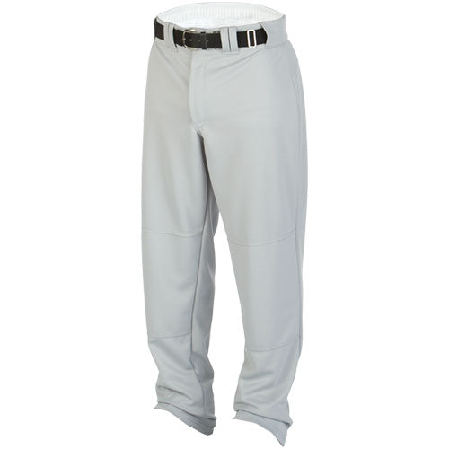 The Rawlings Adult Flare Pro Relaxed Fit Baseball/Softball Pants (BP31MR) are gray, made of stretch polyester, feature belt loops and a black belt, and have slightly loose-fitting legs. Displayed upright on a white background.