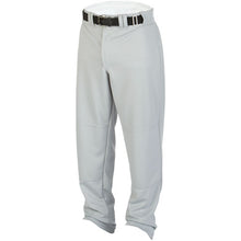 The Rawlings Adult Flare Pro Relaxed Fit Baseball/Softball Pants (BP31MR) are gray, made of stretch polyester, feature belt loops and a black belt, and have slightly loose-fitting legs. Displayed upright on a white background.