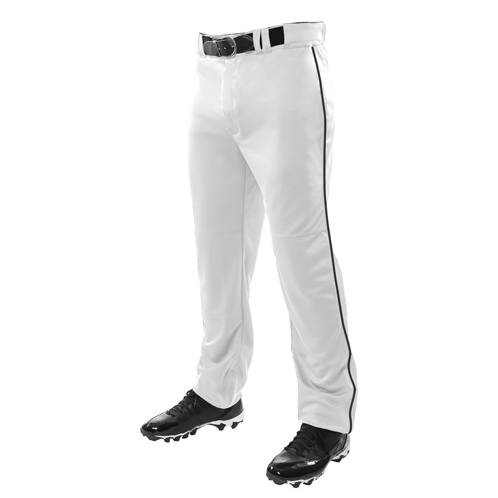 A person wearing Champro Sports Youth Triple Crown Open Bottom Baseball Pants with black piping, paired with a black belt and black cleats. The upper body is not visible.