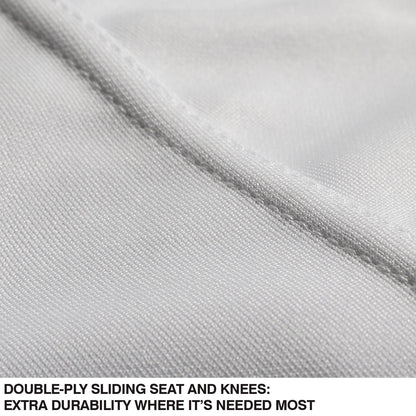 Close-up of light gray Champro Sports Triple Crown BP9UA baseball pants in double knit polyester with reinforced sliding seat and knees for extra durability—perfect for pro-classic play.