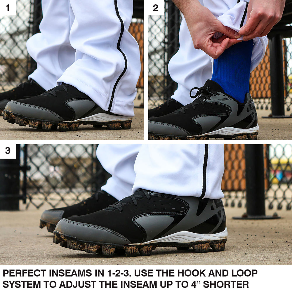 A three-panel image shows a player wearing Champro Sports Triple Crown Open Bottom Baseball Pants with Piping (BP91UA) adjusting the inseam up to 4" using a hook-and-loop system. Text highlights the double knit polyester and adjustable inseam feature.