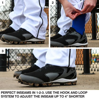 A three-panel image shows a player wearing Champro Sports Triple Crown Open Bottom Baseball Pants with Piping (BP91UA) adjusting the inseam up to 4" using a hook-and-loop system. Text highlights the double knit polyester and adjustable inseam feature.